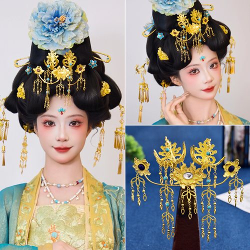 簪花仕女图流苏发簪镀金发冠唐风