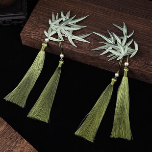 民族风竹子仿缠花掩鬓对夹绢花珍珠流苏发夹古风手工流苏大气饰品