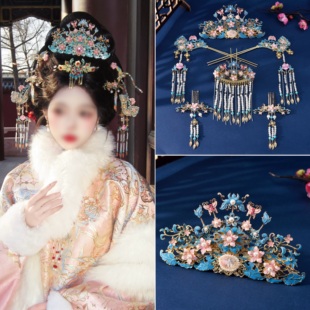 原创唐风配饰公主粉彩烧蓝簪钗冠古风大套装发饰小神仙汉服头饰品