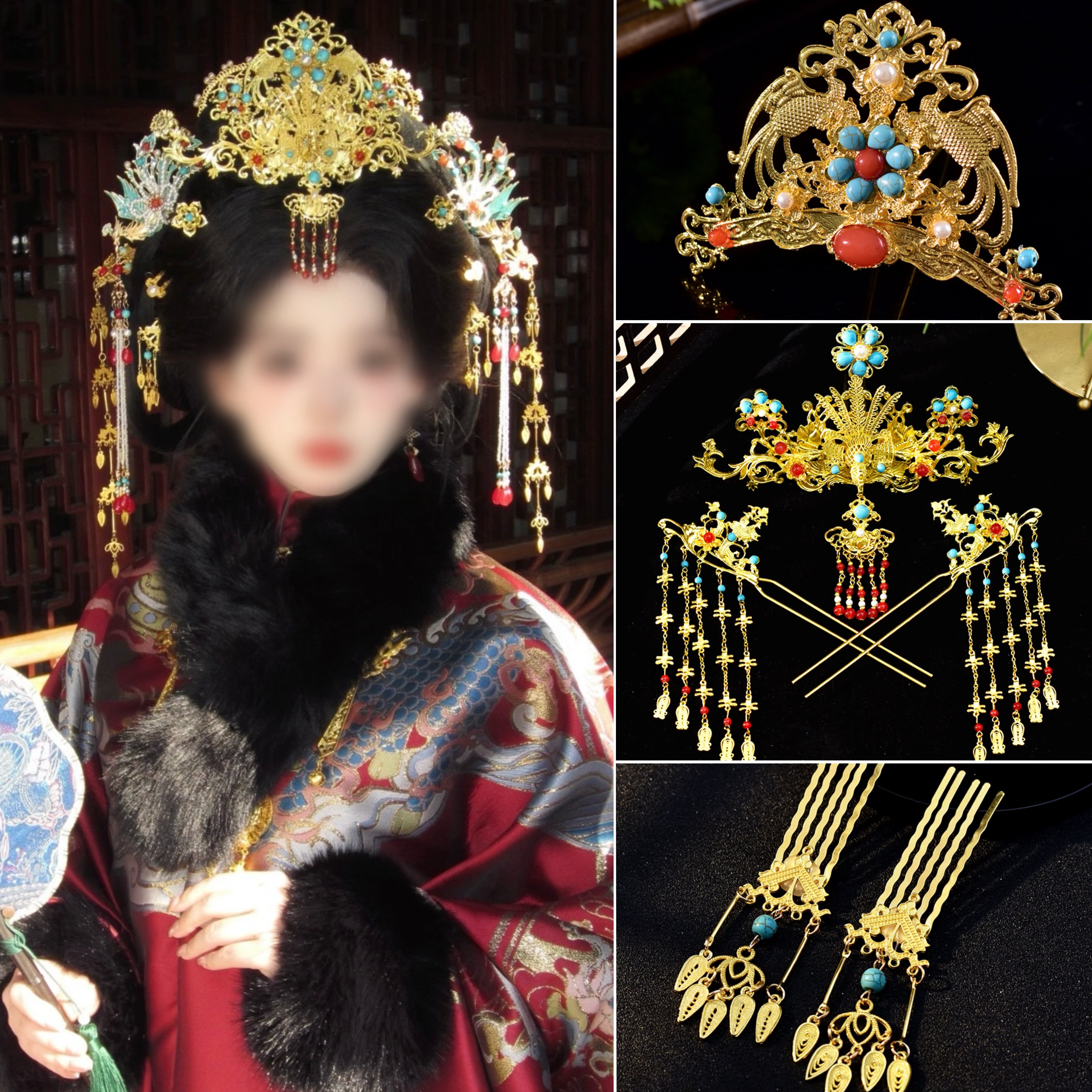 原创明制贵女头饰古风汉服金色中式凤冠发饰套装女奢华花朵大发冠