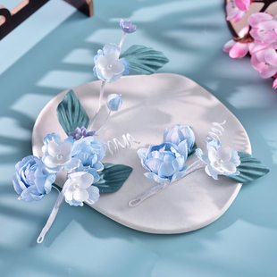 2025新款原创蓝色绢花新中式超仙手工古典舞丸子头软簪汉服头饰