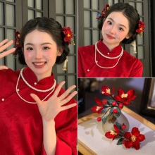中式新娘敬酒服发饰【红霜】原创设计红色手工红色丝绒布花晨袍