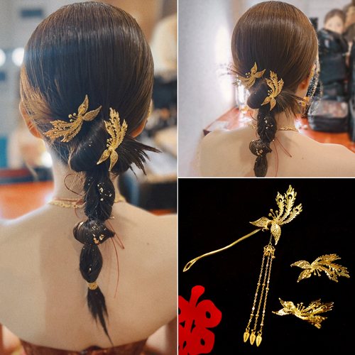 传统褂黄旗袍金色凤凰盘发结婚