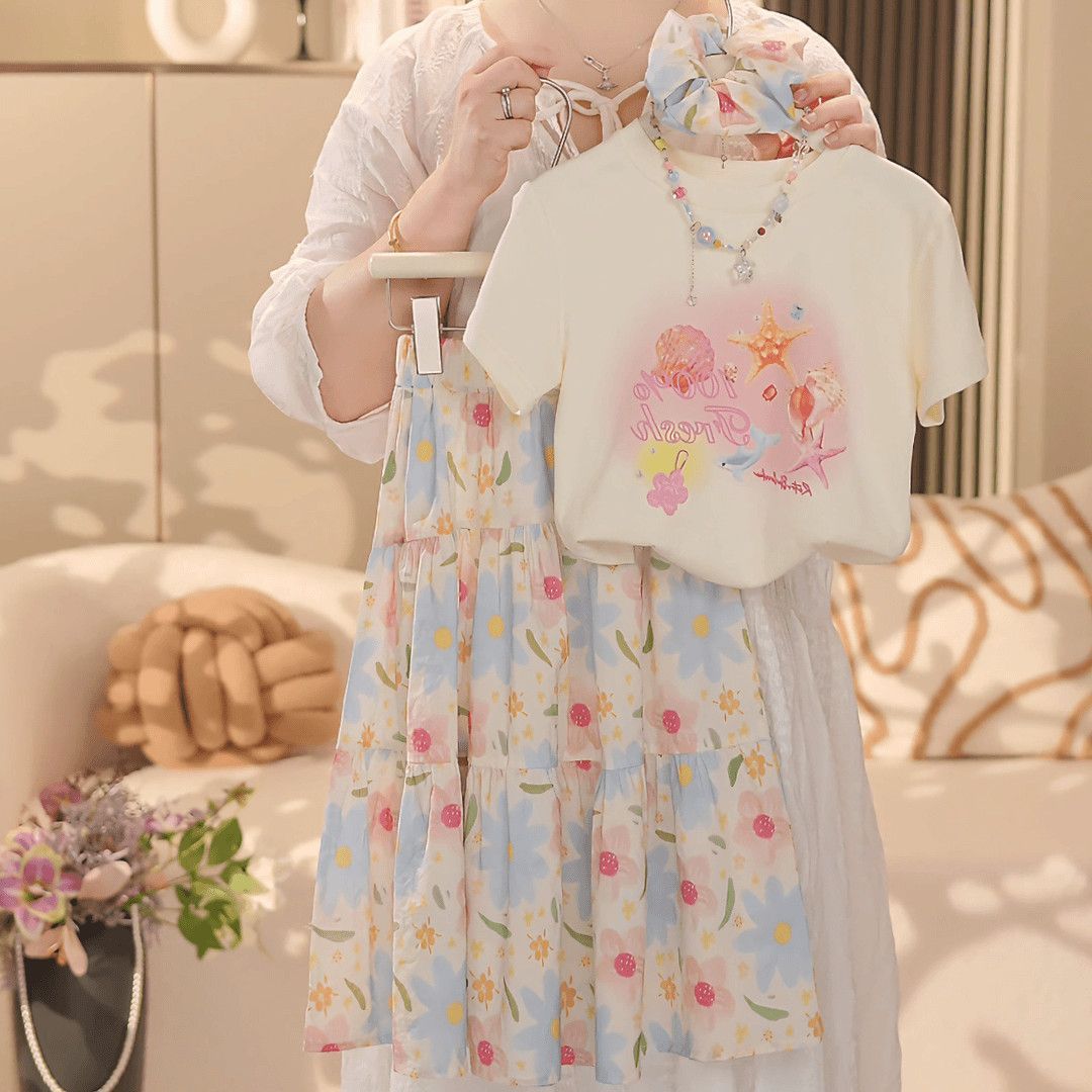 2026新款洋气儿童印花短袖纱裙两件套休闲公主女童夏季套装碎花清