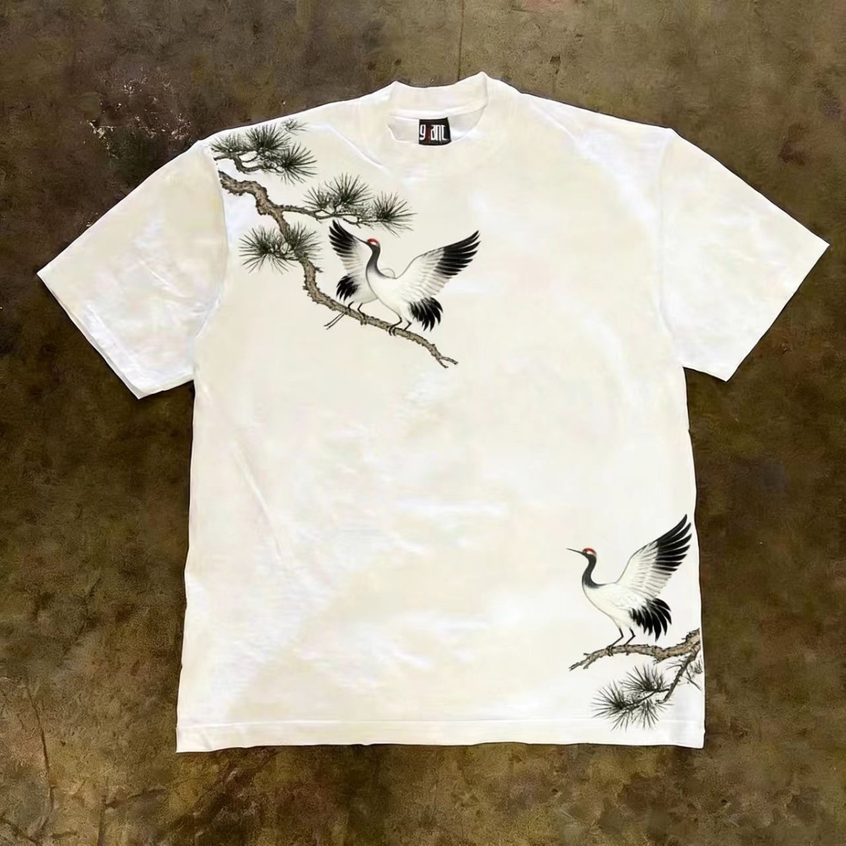简约痞帅复古美式报纸印花夏天男装短袖仙鹤印花t恤重磅高街上衣