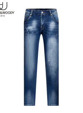 HELLEN&WOODY男装2023新款法国奢侈品水洗修身小脚弹力牛仔裤蓝色