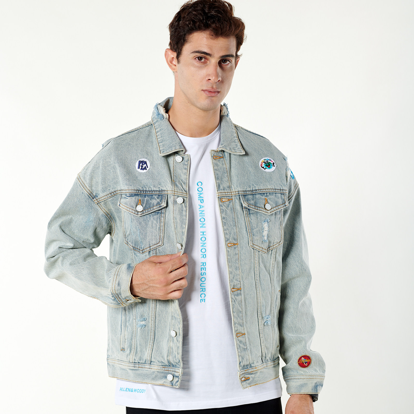 HW男装新款青春牛仔外套修身流行水洗浅蓝色单排扣休闲潮流牛仔服
