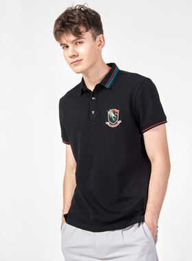 HELLEN&WOODY新款保罗衫动物刺绣贴章短袖条纹领修身纯棉polo衫男