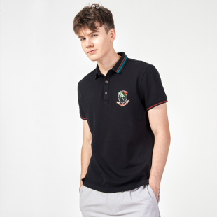 纯棉polo衫 HELLEN&WOODY新款 条纹领修身 动物刺绣贴章短袖 男 保罗衫