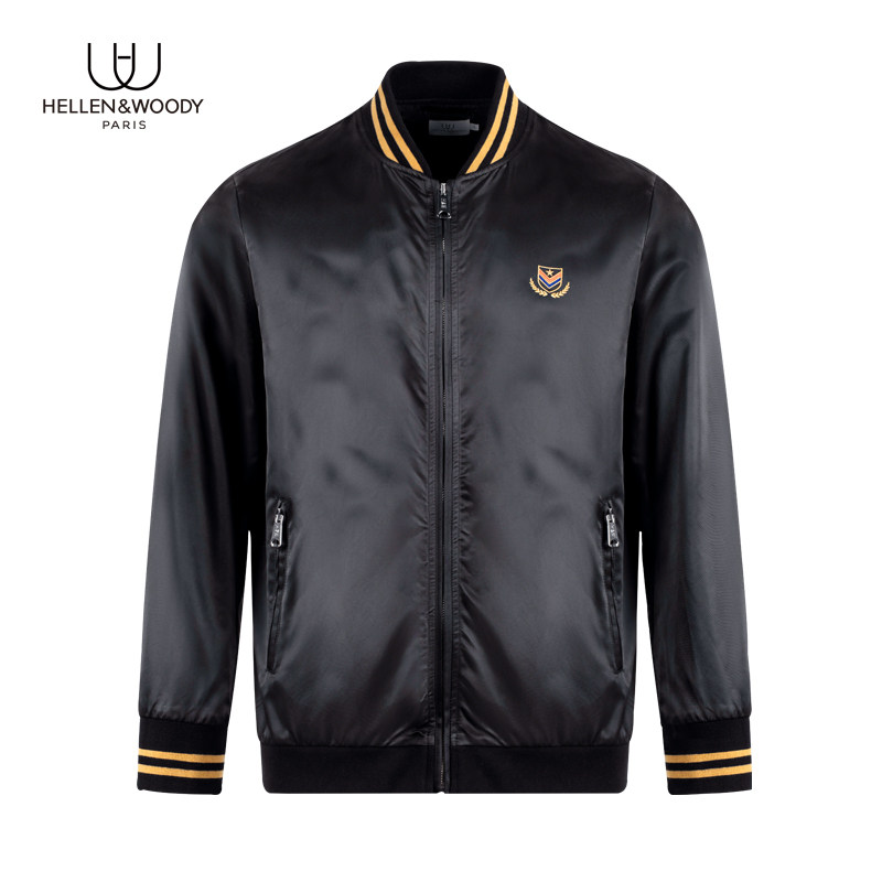 HELLEN&WOODY春季新款男装奢侈品夹克衫男棒球领刺绣休闲黑色外套