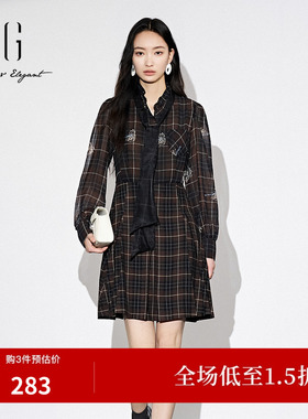 XG/雪歌XJ304014B395格纹长袖连衣裙时尚秋季新款通勤衬衫A字裙女