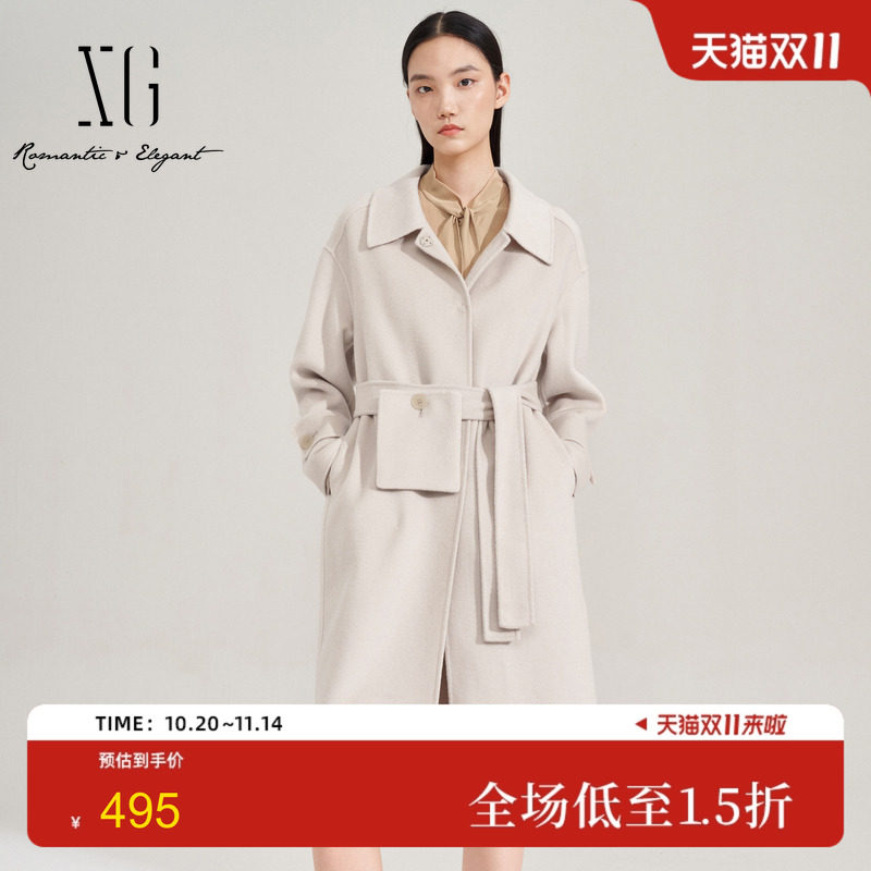 XG雪歌米白色中长款毛呢外套2024秋季新款山羊绒长袖绵羊毛大衣女