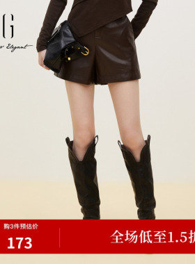 XG/雪歌XJ302006A372深咖色休闲裤时尚秋季新款皮质直筒短裤女装
