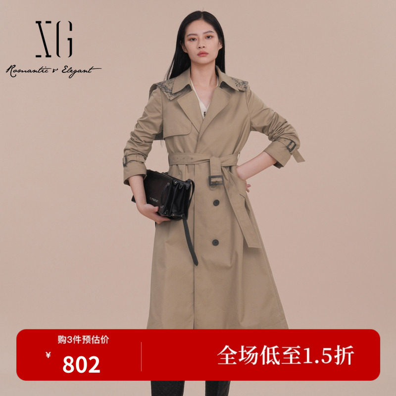 XG雪歌XK108006A273卡其色休闲风衣2026春季新款淑女风长款外套女