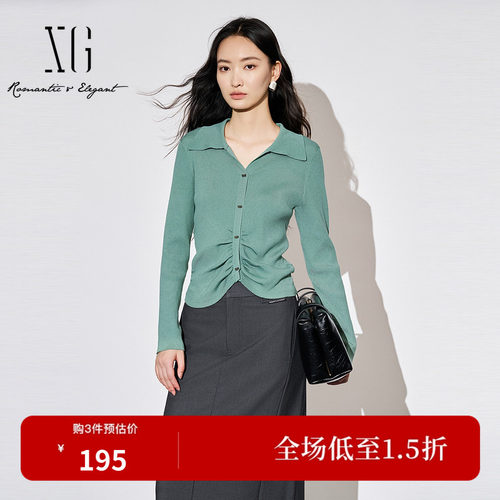 XG雪歌XJ311031A445褶皱设计毛针织衫时尚秋季新款收腰短款毛衫女