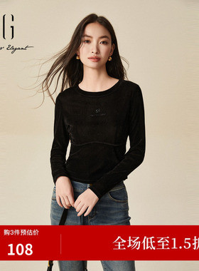 XG/雪歌XJ401044A390黑色钉珠长袖T恤时尚冬季新款拼接设计上衣女