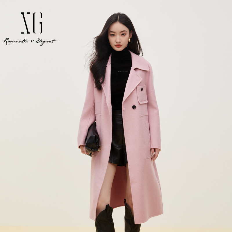 XG雪歌通勤简约宽松长袖风衣2024冬季新款玫红色中长款羊毛大衣女
