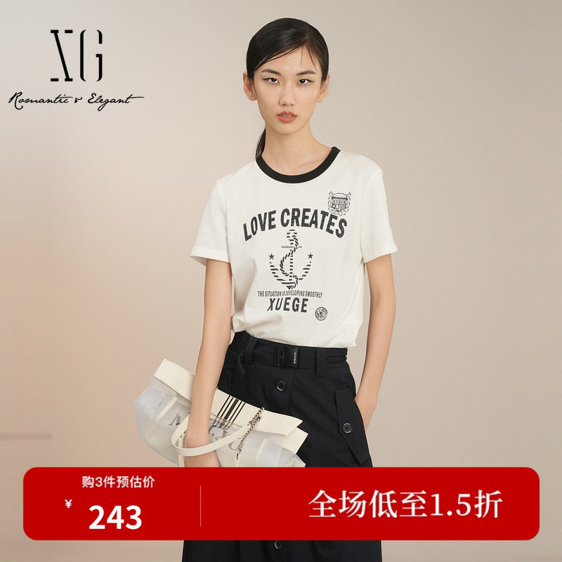 XG雪歌白撞黑船锚印花撞色圆领T恤美式休闲短袖上衣XK201024A451