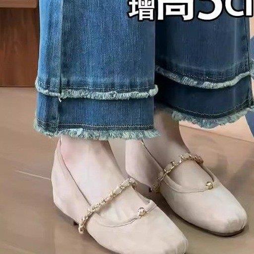 小个子内增高5cm复古玛丽珍鞋女2025年金属链气质浅口芭蕾舞单鞋