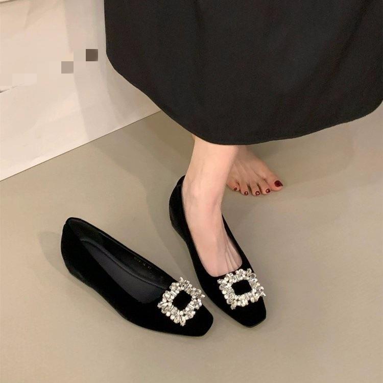内增高法式方扣水钻单鞋女鞋子2025春秋季气质绒面方头黑色通勤鞋
