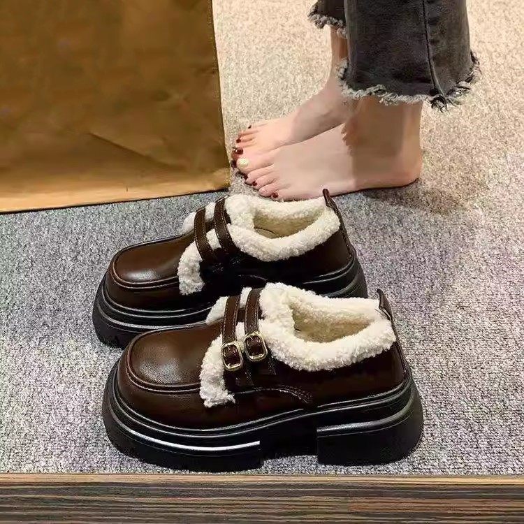 英伦风小皮鞋女冬季加绒厚底爆款毛毛豆豆鞋2025新款保暖棉鞋单鞋,女鞋,棉鞋,淘宝优惠券,粉丝福利购,淘宝优惠卷