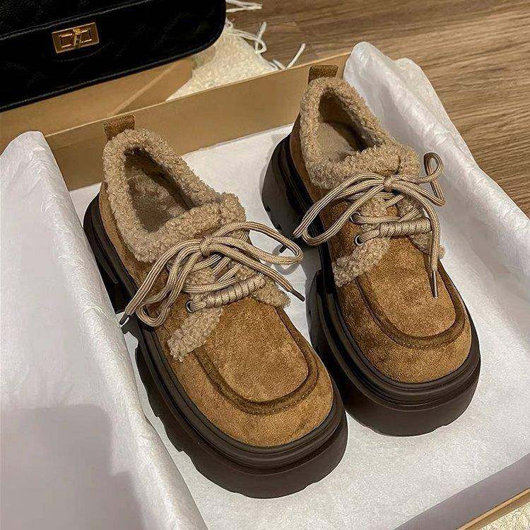 复古百搭加绒勃肯鞋女2025冬季新款厚底增高棉鞋系带小个子雪地靴