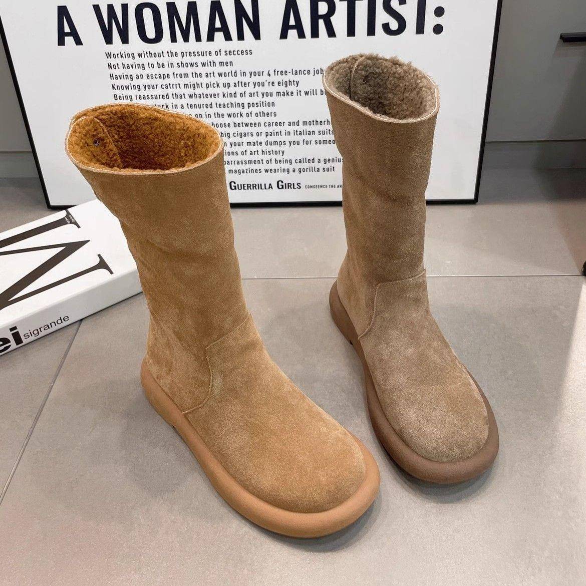 软皮雪地靴女冬季加绒加厚棉鞋网红后搭扣平底短靴中筒靴两穿靴子