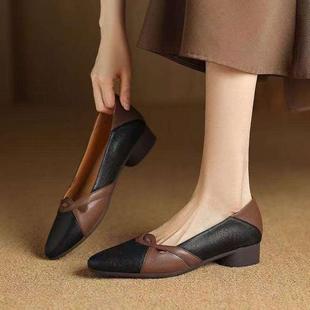 软皮拼色低跟单鞋 百搭奶奶鞋 女2025年秋季 尖头浅口小皮鞋 新款 法式