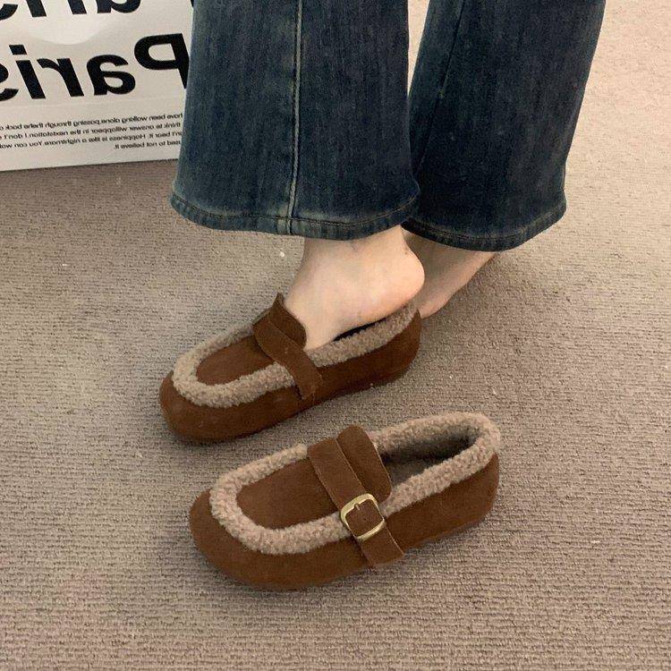 磨砂百搭复古加绒乐福鞋女款2025秋冬保暖一脚蹬奶奶软底勃肯棉鞋