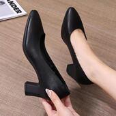 久站软底空姐工作鞋 女鞋 女黑色单鞋 粗跟中跟职业女士高跟小皮鞋