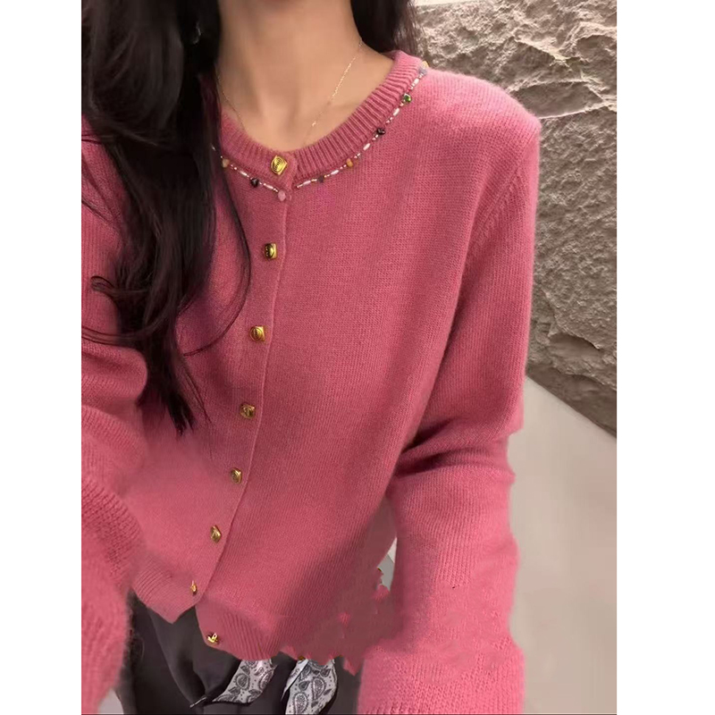 【 钉珠设计款 】秋冬七针加厚浣熊绒圆领针织开衫女宽松毛衣外套