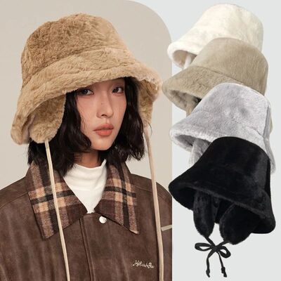 Winter Warm Hat Furry Ear Protector Bucket Cap Women Autumn