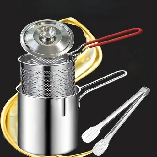 Stainless Steel Fryer Basket with Filter & Tongs, Multipurpo
