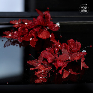 氛围感新娘复古红色边夹大气精致蝴蝶花朵公主对夹主婚纱礼服头饰