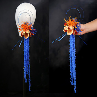 新中式晨袍头饰大气超仙橙蓝撞色仿真花朵流苏后区古典旗袍发饰