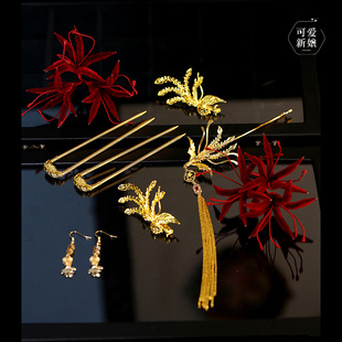 新娘晨袍头饰2025新款复古绒花金色凤簪新中式发饰旗袍秀禾配饰