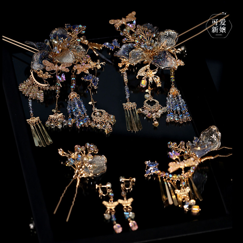 龙凤褂新娘中式头饰高级感金蓝撞色水凝花朵发簪古典秀禾造型发饰,饰品/流行首饰/时尚饰品新,发饰,淘宝优惠券,粉丝福利购,淘宝优惠卷