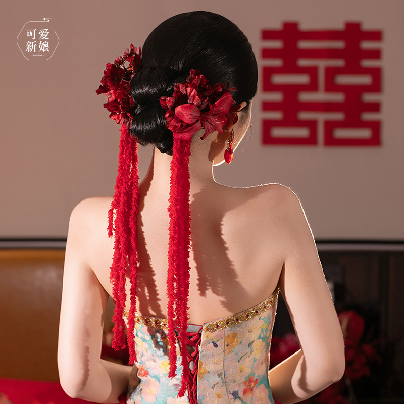 新中式新娘头饰红色仿真花毛绒
