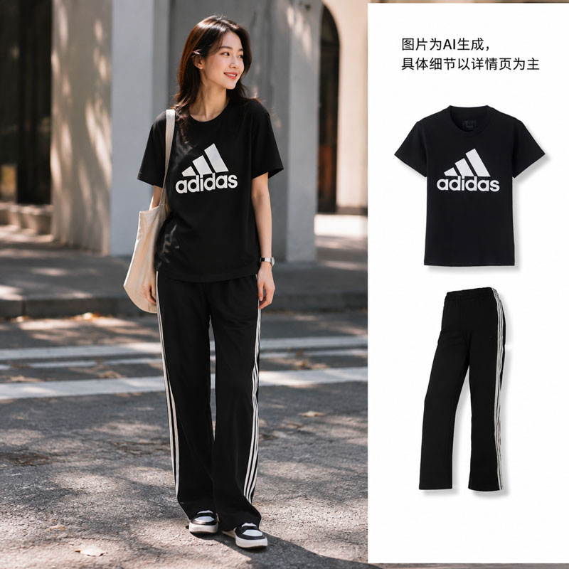 【自营】Adidas阿迪达斯套装女装舒适简约T恤短袖宽松针织长裤