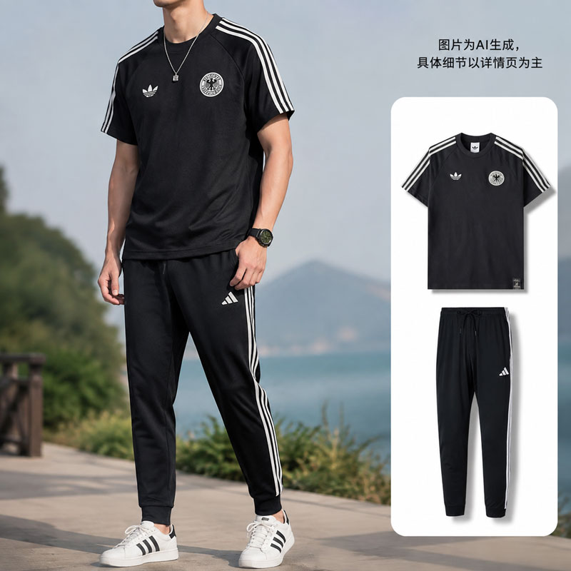 【自营】Adidas阿迪达斯运动套装男装舒适短袖收脚长裤休闲两件套