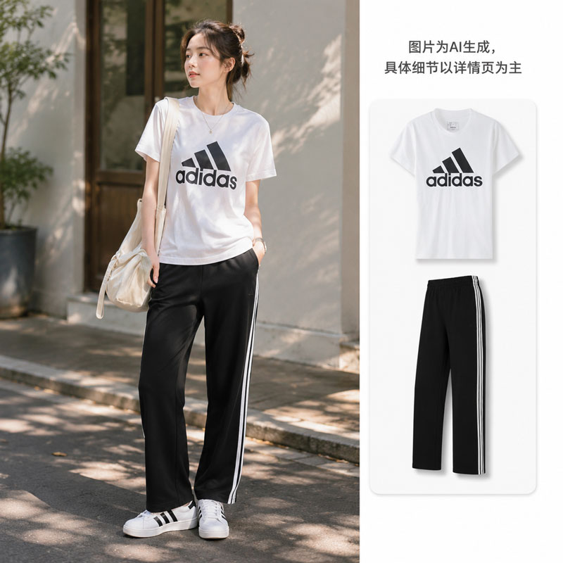 【自营】Adidas阿迪达斯套装女装简约圆领T恤短袖时尚直筒长裤