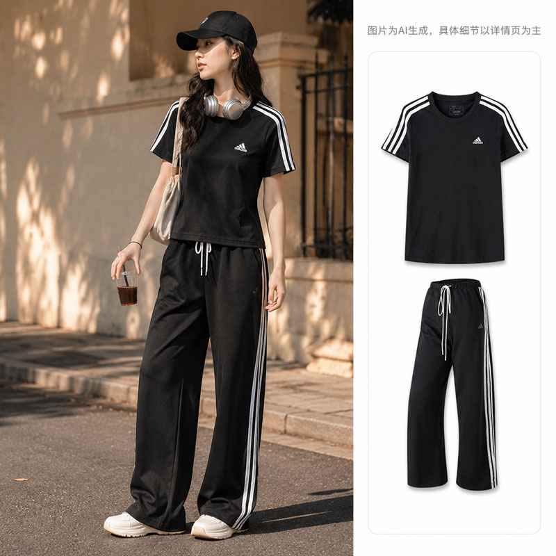 【自营】Adidas阿迪达斯套装女装舒适时尚两件套T恤休闲宽松长裤