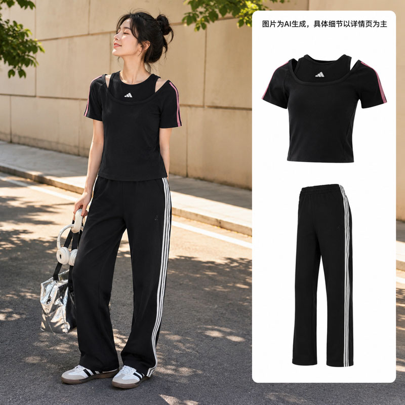【自营】Adidas阿迪达斯运动套装女装时尚通勤短袖舒适运动长裤
