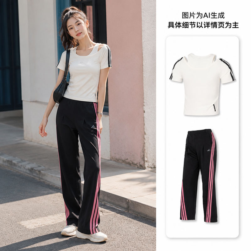 【自营】Adidas阿迪达斯套装女装简约T恤短袖休闲户外运动长裤