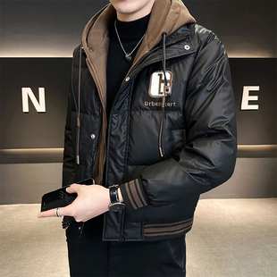 潮牌假两件连帽羽绒服男士短款冬季2025新款潮流休闲时尚加厚外套