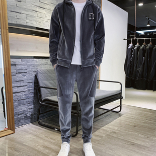 潮牌金丝绒套装男士加绒加厚冬季2025新款韩版潮流运动休闲两件套
