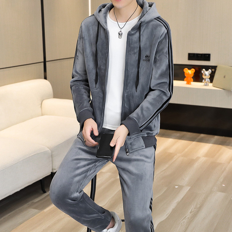 潮牌金丝绒套装男士加绒加厚运动休闲潮牌卫衣冬季时尚帅气两件套