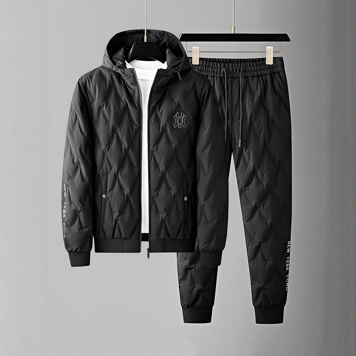 潮牌连帽羽绒服套装男冬季保暖