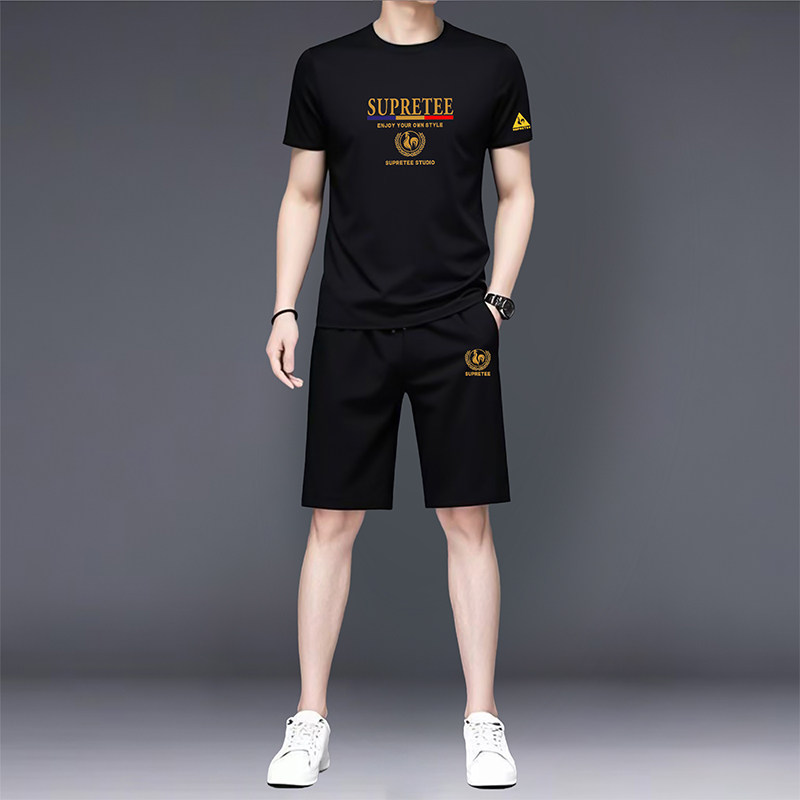 潮牌休闲套装男款夏季冰丝薄款速干短袖t恤跑步运动服短裤两件套