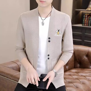 潮牌针织开衫男款春秋季刺绣修身休闲羊毛衫薄款高端轻奢毛衣外套